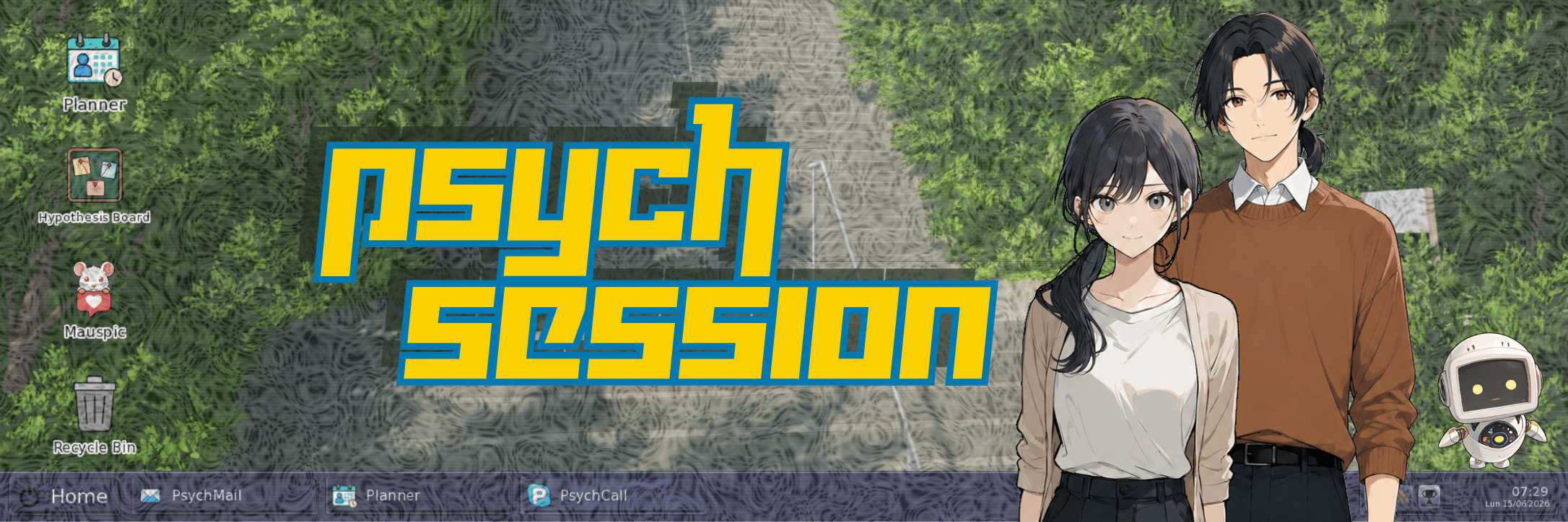 Arte oficial de Psych Session con sus personajes y escritorio retro